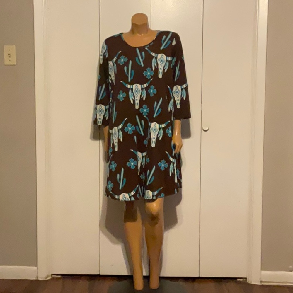 Chic Long Sleeve Brown Dress with Blue Cactus Design